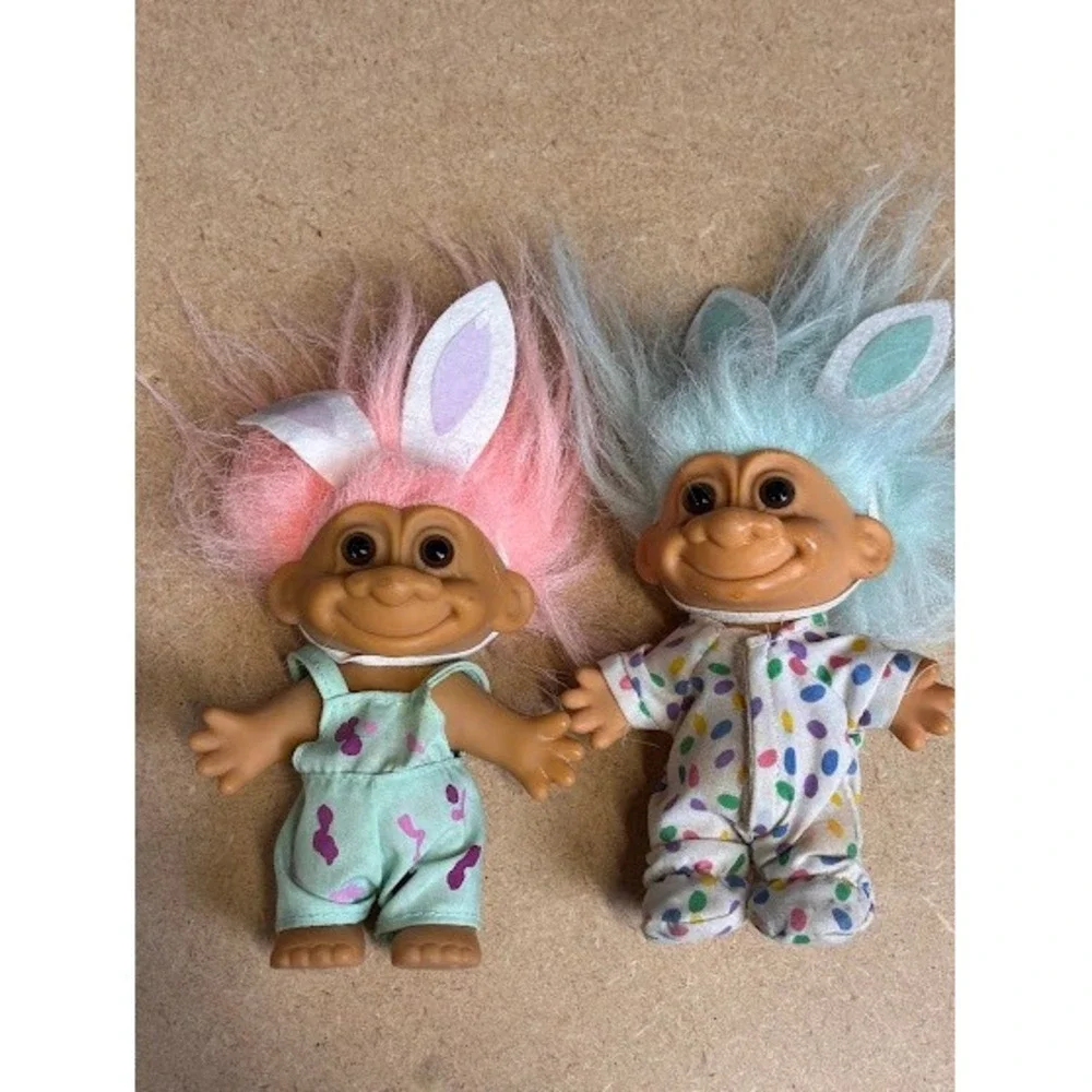 Vintage Russ Berrie Easter Troll Dolls Set of 2‎ Bunny Ears Pink Blue Hair 3